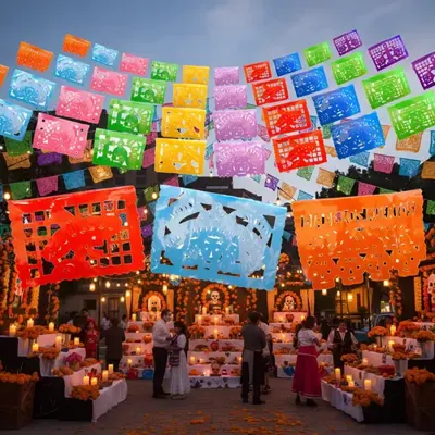 Papel Picado, Dia De Muertos De Plástico, 10 Tiras De 5 Mts: foto de la publicación